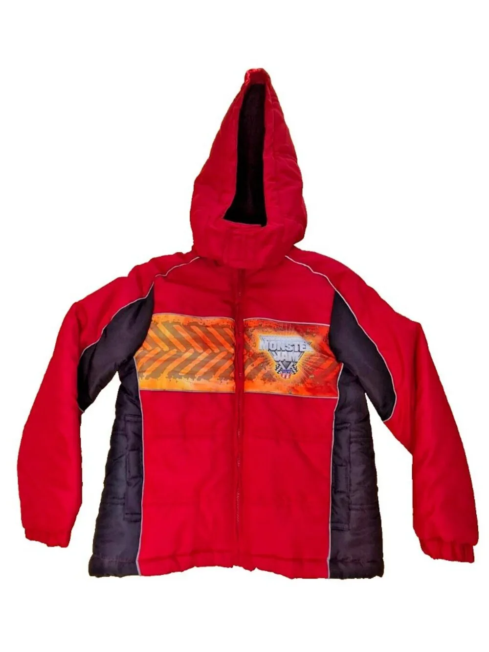Monster Jam Kids Puffer Jacket Red Black Hooded Size M (8) – 2012 Monster Trucks